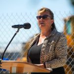 Everett Mayor Cassie Franklin speaks at a groundbreaking ceremony for Restaurant Row at the Port of Everett on Tuesday, July 23, 2024, in Everett, Washington. (Ryan Berry / The Herald)