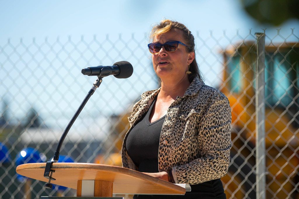 Everett Mayor Cassie Franklin speaks at a groundbreaking ceremony for Restaurant Row at the Port of Everett on Tuesday, July 23, 2024, in Everett, Washington. (Ryan Berry / The Herald)