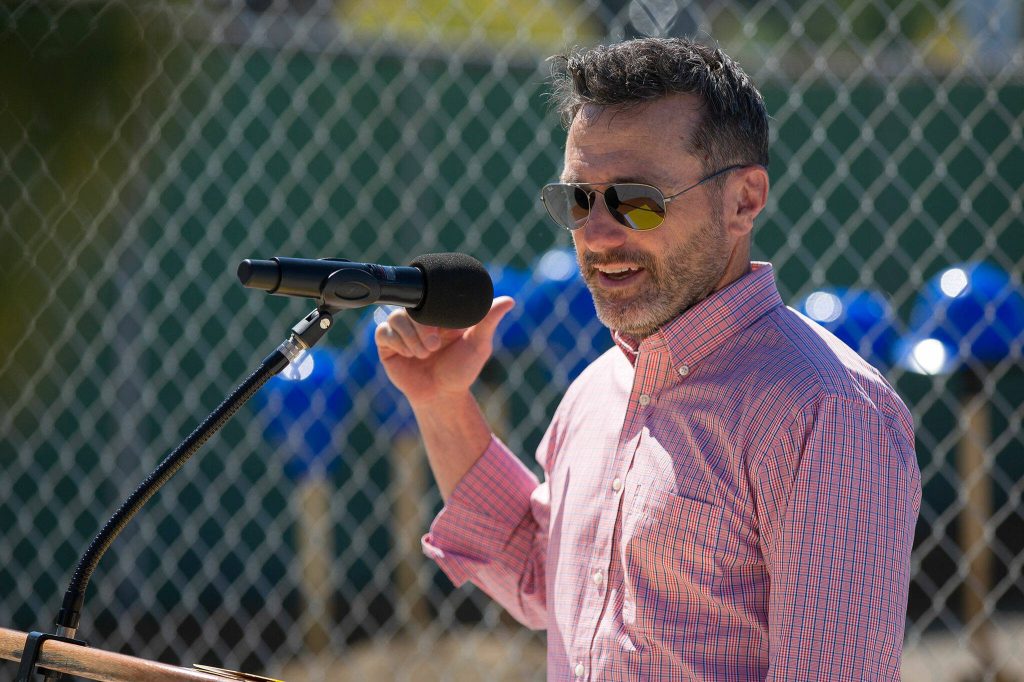 Tapped Public House and Net Shed Fish Market partner Sean Drought speaks at a groundbreaking ceremony for Restaurant Row at the Port of Everett on Tuesday, July 23, 2024, in Everett, Washington. (Ryan Berry / The Herald)