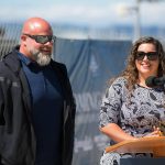 Menchies owners Joe and Leah Karl speak at a groundbreaking ceremony for Restaurant Row at the Port of Everett on Tuesday, July 23, 2024, in Everett, Washington. (Ryan Berry / The Herald)