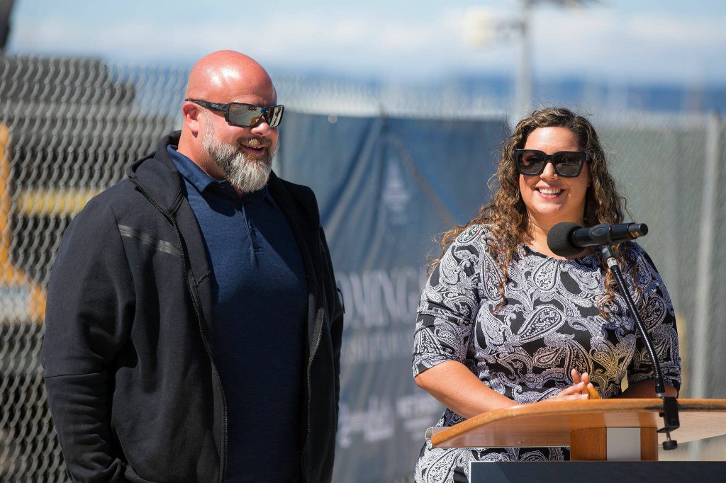 Menchies owners Joe and Leah Karl speak at a groundbreaking ceremony for Restaurant Row at the Port of Everett on Tuesday, July 23, 2024, in Everett, Washington. (Ryan Berry / The Herald)