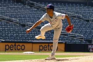 Jurrangelo Cijntje pitches at the 2022 MLB Draft Combine held at Petco Park on Wednesday, June 15, 2022 in San Diego, CA. Cijntje, from Mississippi State, was the Mariners first pick in the 2024 MLB Draft. (Nelvin C. Cepeda / The San Diego Union-Tribune)