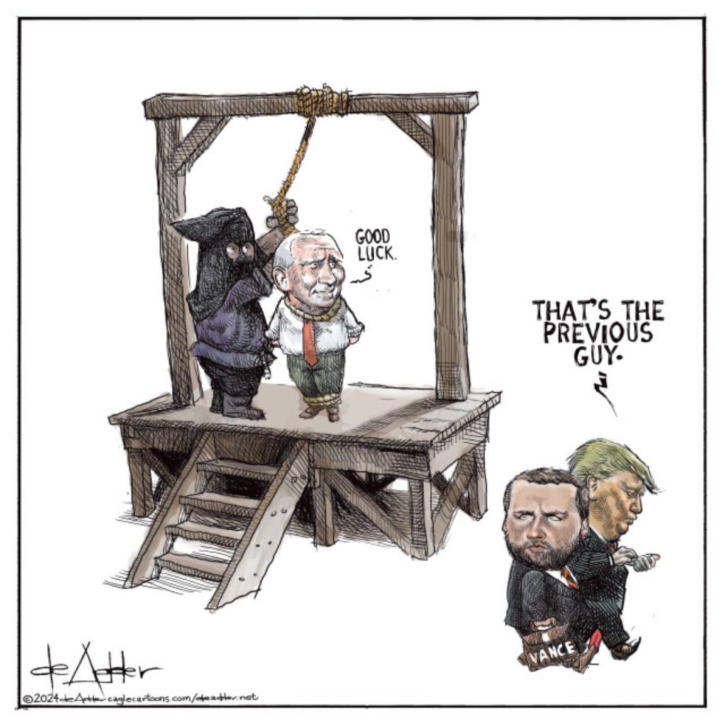 Donald Trump tells his new Vice President that Pence is the previous guy. Pence saying "Good liuck" to Vance, is being hung on the gallows.toon