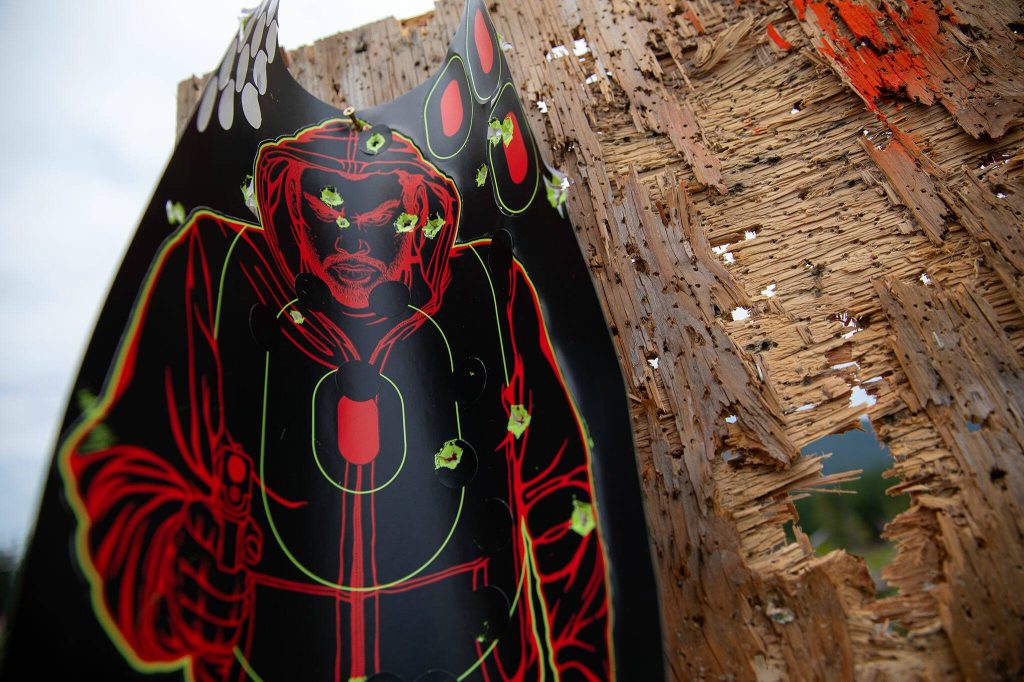 A target hangs abandoned at a shooting area on Green Mountain Road on Wednesday, July 17, 2024, near Granite Falls, Washington. (Ryan Berry / The Herald)