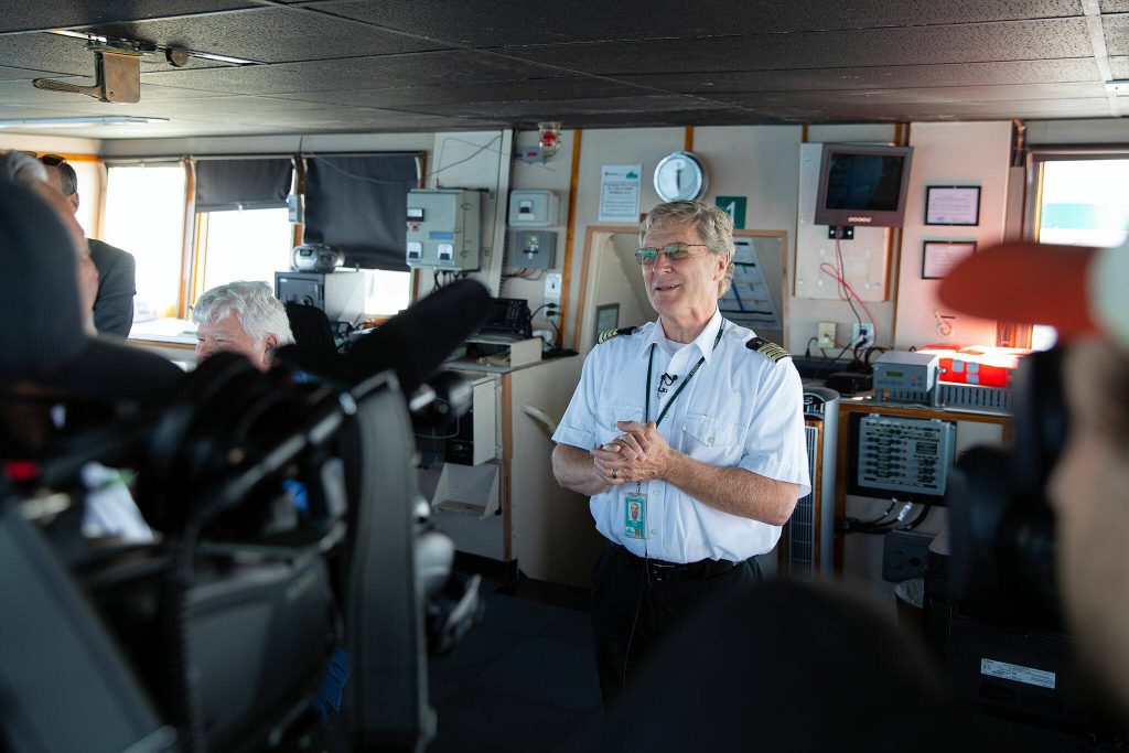 Captain Russell Fee speaks with the media aboard the MV Spokane on the Edmonds/Kingston ferry route Thursday, July 18, 2024, near Edmonds, Washington. Ferry crew across the area are asking boaters to stay out of ferry lanes. (Ryan Berry / The Herald)