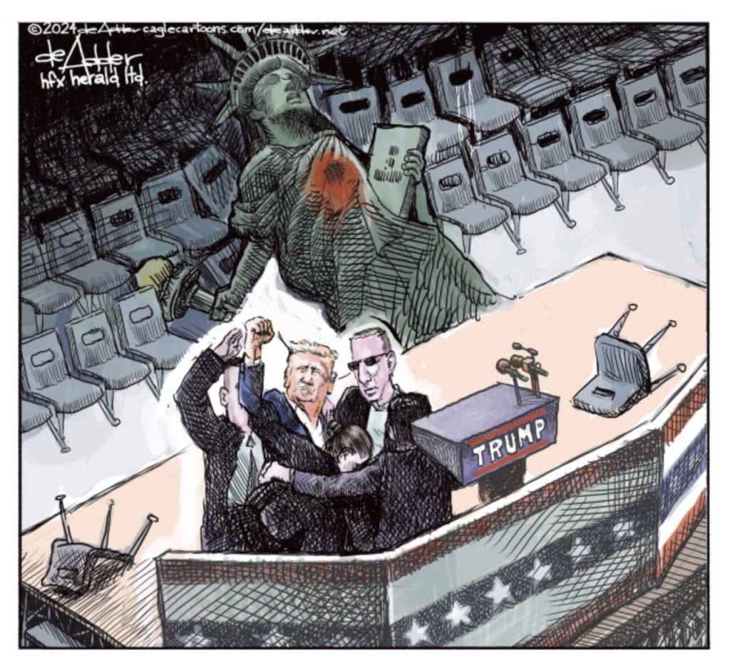 Trump is missed by the shooter, but the bullet hits the Statue of Liberty