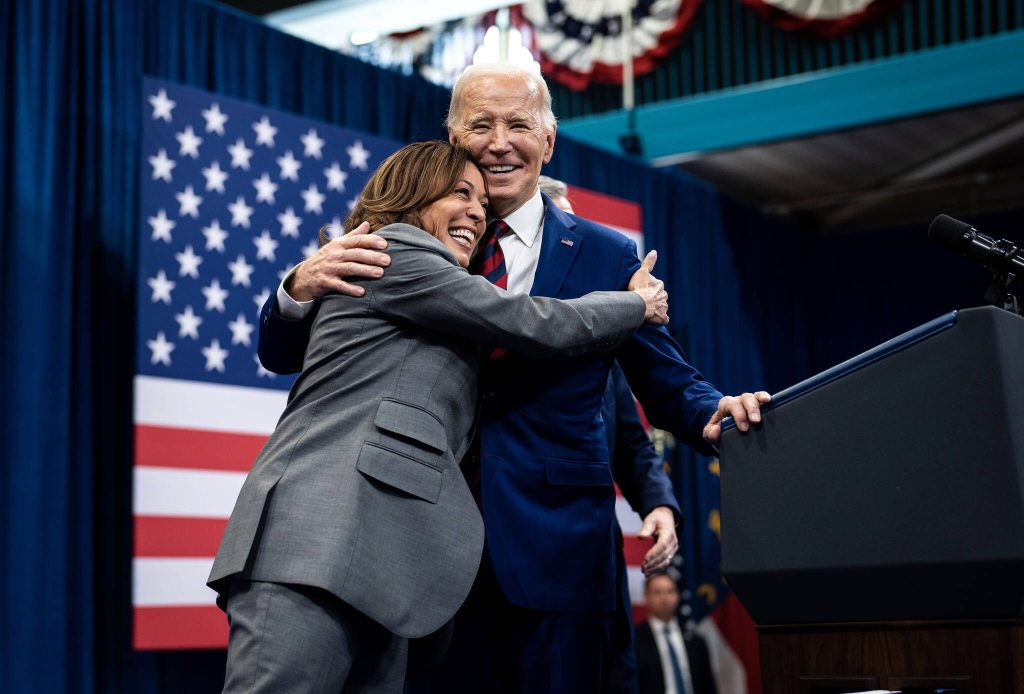 FILE ѠPresident Joe Biden and Vice President Kamala Harris embrace following their remarks during an event marking the 14th anniversary of the Affordable Care Act in Raleigh, N.C., March 26, 2024. Biden on Sunday, July 21, 2024, abruptly abandoned his campaign for a second term under intense pressure from fellow Democrats and threw his support to Harris to lead their party in a dramatic last-minute bid to stop former President Donald Trump from returning to the White House. (Doug Mills/The New York Times)