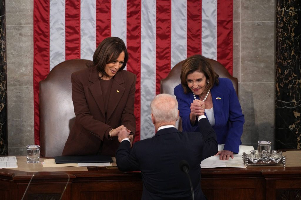 President Joe Biden shakes hands with both Vice President Kamala Harris, left, and House speaker Nancy Pelosi (D-Calif.) after delivering his first State of the Union address to a joint session of Congress at the Capitol in Washington, March 1, 2022. Biden on Sunday, July 21, 2024, abruptly abandoned his campaign for a second term under intense pressure from fellow Democrats and threw his support to Harris to lead their party in a dramatic last-minute bid to stop former President Donald Trump from returning to the White House. (Sarahbeth Maney/The New York Times)