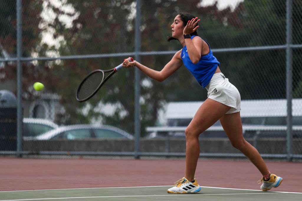 Shorewoods Carlota Garibay Romero hits the ball during the mixed doubles championship match at Snohomish Summer Smash at Snohomish High School in Snohomish, Washington on Sunday, July 21, 2024. (Annie Barker / The Herald)