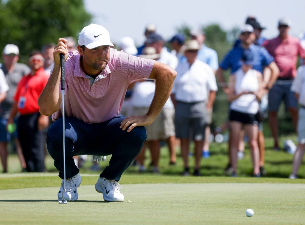 Scottie Scheffler aligns his third hole during the second round of AT&T Byron Nelson on Friday, May 13, 2022 at TPC Craig Ranch in McKinney. (Shafkat Anowar / Tribune News Service)