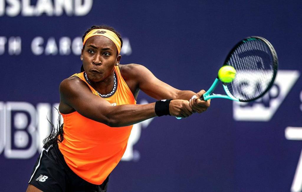 Coco Gauff (USA) returns the ball against Rebecca Marino (CAN) in the first quarter of their womens second-round match at the Miami Open tennis tournament at Hard Rock Stadium in Miami Gardens, on Thursday March 21, 2023. (Pedro Portal / Tribune News Service)