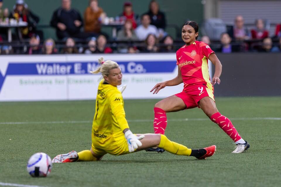 Portland Thorns forward Sophia Smith scores in the 27th minute during an NWSL match against the Houston Dash at Providence Park on Saturday, April 20, 2024. (Sean Meagher / Tribune News Service)