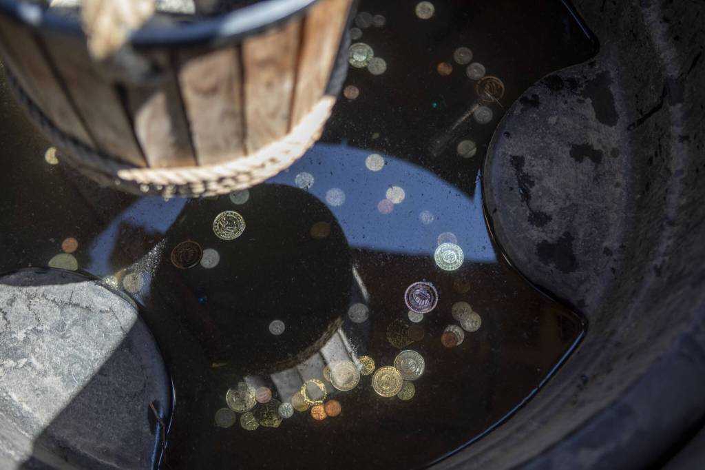 Coins are tossed in a wishing well at the Washington Midsummer Renaissance Faire near Monroe on Sunday. (Annie Barker / The Herald)