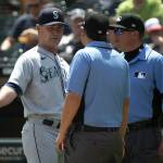 Mariners manager Scott Servais talks to officials as pitcher Héctor Santiago is ejected from the game during the fifth inning at Guaranteed Rate Field on July 27, 2021. (Erin Hooley / Tribune News Service)