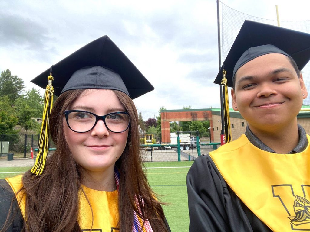 Veronica Calhoun with her stepbrother Nick at their Inglemoor High School graduation in 2023. (Submitted photo)