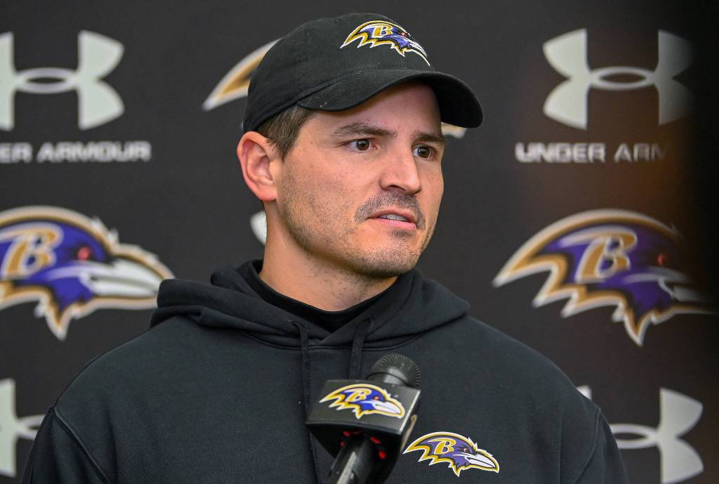 Baltimore Ravens defensive coordinator Mike MacDonald talks with the media after practice at Under Armour Performance Center. (Kevin Richardson / Tribune News Service)