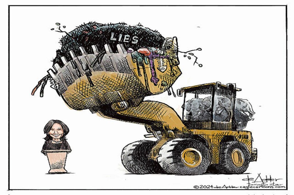 The Republicans, in a front end loader, get ready to dump lies drawn as garbage onto Kamala Harris.