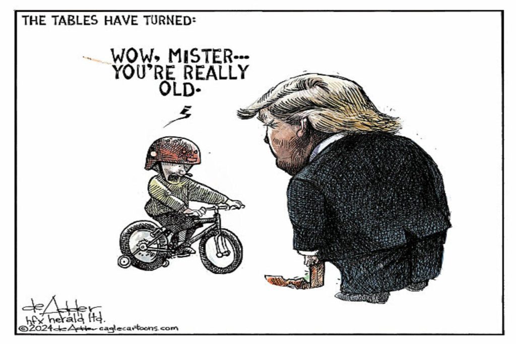 Now that Biden is not running, it is Trump who seems old. A kid on a bike says: " Wow, Mister.... You're really old" to Trump.