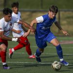 Everetts Casey Malcolm (24) fights for the ball during the EPLWA championships between semi-pro mens soccer team Everett Jets FC and Yakima United at Archbishop Murphy High School in Everett, Washington on Saturday, July 27, 2024. Yakima won, 6-1. (Annie Barker / The Herald)
