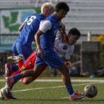 Everetts Kaydin Wall (6) and Manuel Segura (10) fight for the ball during the EPLWA championships between semi-pro mens soccer team Everett Jets FC and Yakima United at Archbishop Murphy High School in Everett, Washington on Saturday, July 27, 2024. Yakima won, 6-1. (Annie Barker / The Herald)