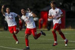 Yakima players celebrate during the EPLWA championships between semi-pro men's soccer team Everett Jets FC and Yakima United at Archbishop Murphy High School in Everett, Washington on Saturday, July 27, 2024. Yakima won, 6-1. (Annie Barker / The Herald)