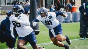 Seattle Seahawks defensive tackle Byron Murphy II (91), pictured during rookie minicamp in May, impressed during Mondays day five of training camp. (Seattle Seahawks)