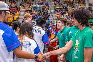 Henry M. Jackson High Schools robotic team, Jack in the Bot, shake hands at the 2024 Indiana Robotics Invitational.(Henry M. Jackson High School)