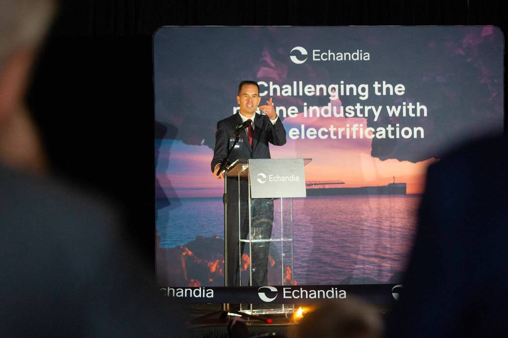 Marysville Mayor Jon Nehring speaks during a grand opening ceremony for Sweden-based Echandia on Tuesday, July 30, 2024, in Marysville, Washington. (Ryan Berry / The Herald)