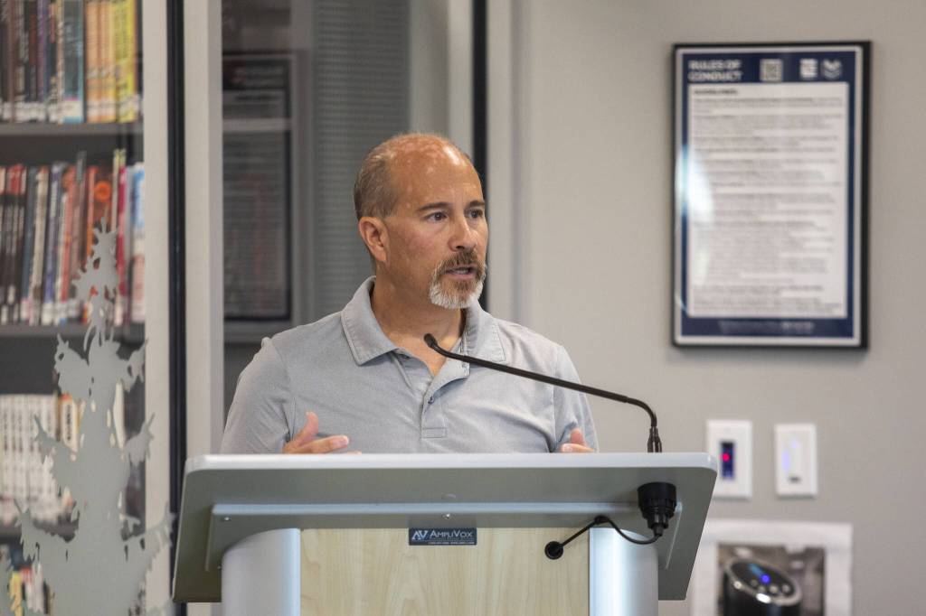 City of Everett senior executive director Dan Templeman speaks during a public information session hosted by the city of Everett to learn about the citys property tax levy on the ballot in August at the Everett Public Library Evergreen Branch in Everett, Washington on Saturday, July 27, 2024. (Annie Barker / The Herald)