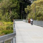 A cyclist rides along the updated Scriber Creek Trail on Monday, Aug. 12, 2024 in Lynnwood, Washington. (Olivia Vanni / The Herald)