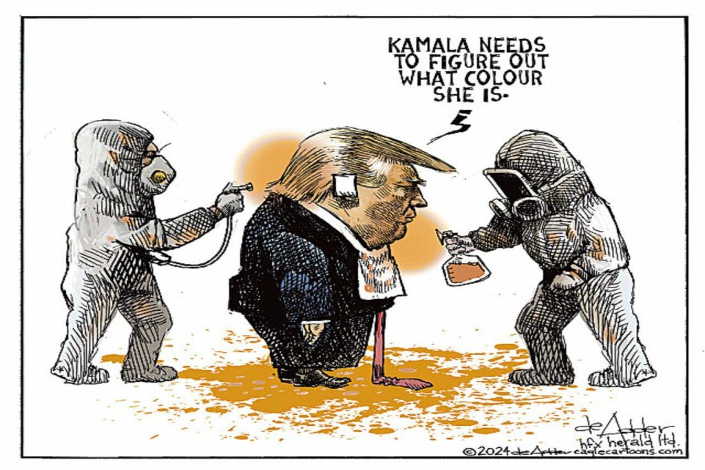 Trump says "Kamala needs to figure out what colour she is" while getting an orange spray tan.