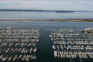 A view over the Port of Everett Marina looking toward Whidbey Island on Wednesday, March 17, 2021 in Everett, Wash. (Olivia Vanni / The Herald)