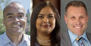 Nick Brown, left, Manka Dhingra and Pete Serrano are running for attorney general. (Campaign photos)