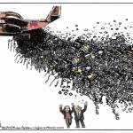 Kamala and Walkz with hands raised and dumped on by a Republican plane.