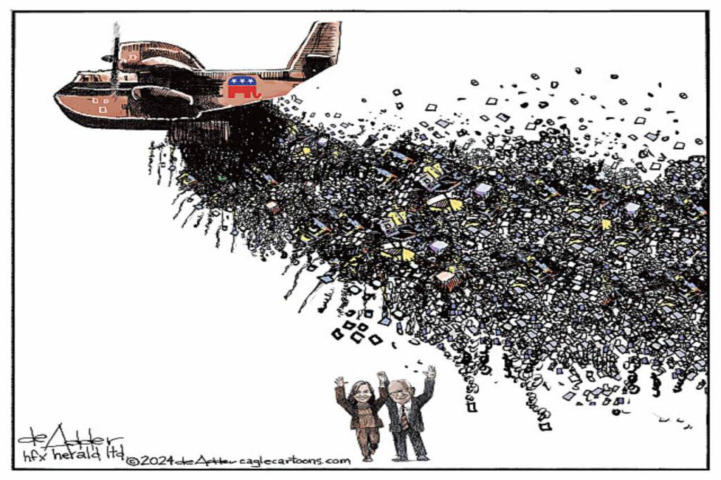 Kamala and Walkz with hands raised and dumped on by a Republican plane.