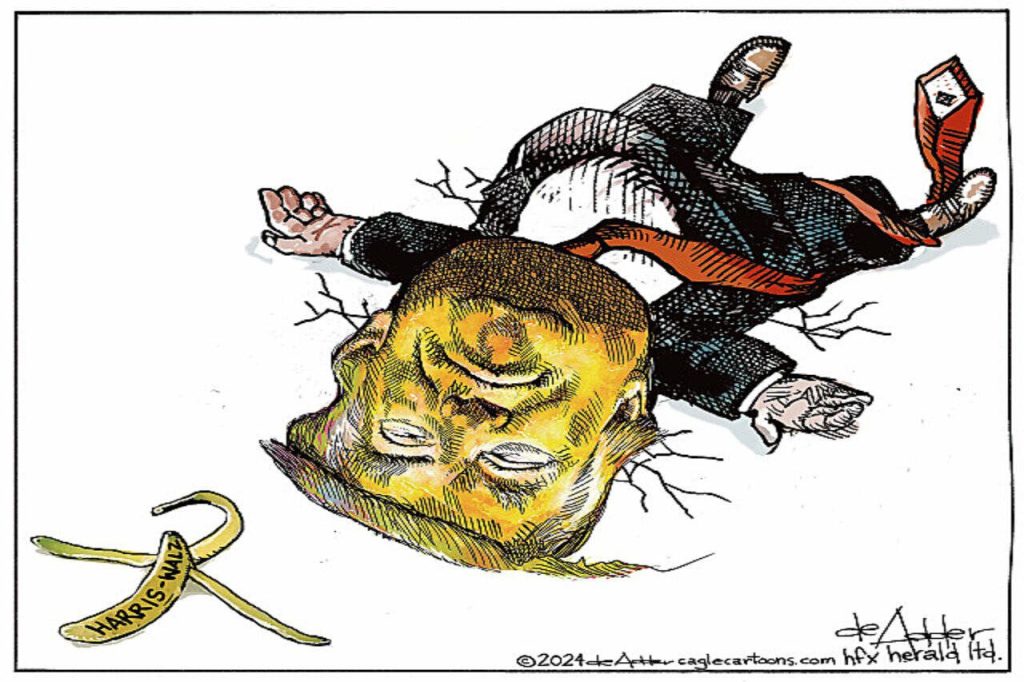 Trump trips over banada peel that says "Kamala Walz"