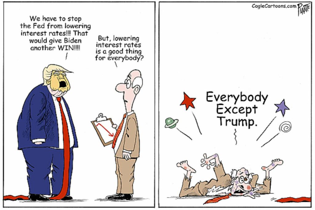 Lower interest rates good for everybody except, ExPresident Donald J. Trump, The Fed, The Federal Reserve System, Chairman Jerome Powell, banks, Board of Governors, inflation, Campaign 2024, Presidential Race, US Economy, unemployment