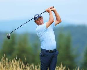 Canadas Stephen Ames tees off on the 8th hole at The Club at Snoqualmie Ridge on Sunday, Aug. 11, 2024. Ames carded an 11-under-par 205, becoming the tournaments first back-to-back champion. (Photo courtesy of Jim Nicholson)