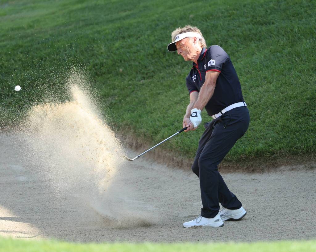 Germanys Bernhard Langer hits out of the bunker on the 18th hole at The Club at Snoqualmie Ridge on Sunday, Aug. 11, 2024. Langer holed out for eagle and finished tied for eighth. (Photo courtesy of Jim Nicholson)