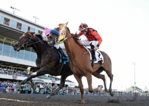 Five Star General (left) edges past Clovisconnection at the wire to win the Longacres Mile on Sunday at Emerald Downs. (Photo courtesy of Emerald Downs)