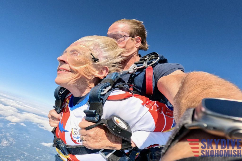 Kim Knor and Kelly Craig free fall during Knors skydive on Wednesday, Aug. 14, 2024, in Snohomish, Washington. (Courtesy of Skydive Snohomish)