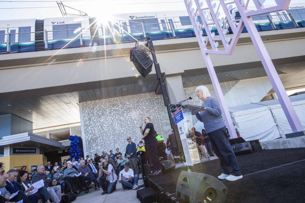 Sen. Patty Murray speaks during the Lynnwood 1 Line extension opening celebrations on Friday, Aug. 30, 2024 in Lynnwood, Washington. (Olivia Vanni / The Herald)