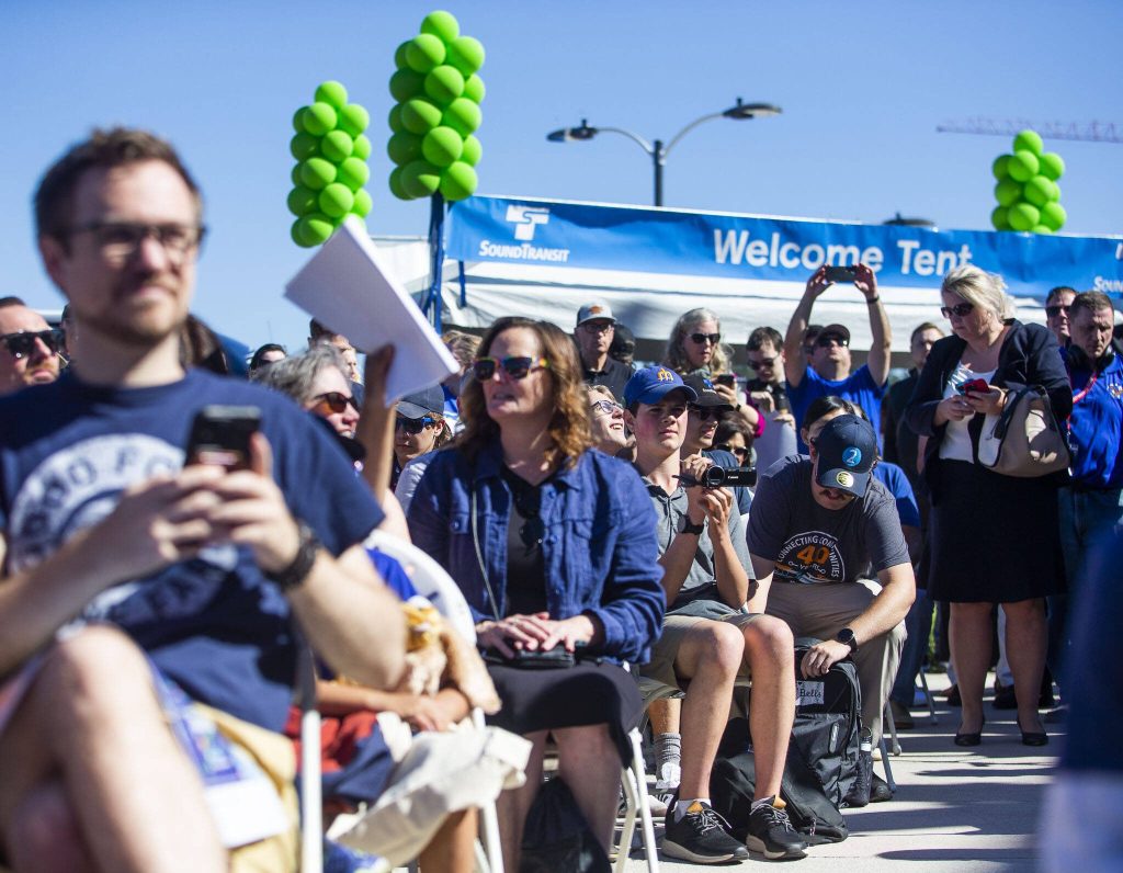 People gather for the Lynnwood 1 Line extension opening celebrations on Friday, Aug. 30, 2024 in Lynnwood, Washington. (Olivia Vanni / The Herald)