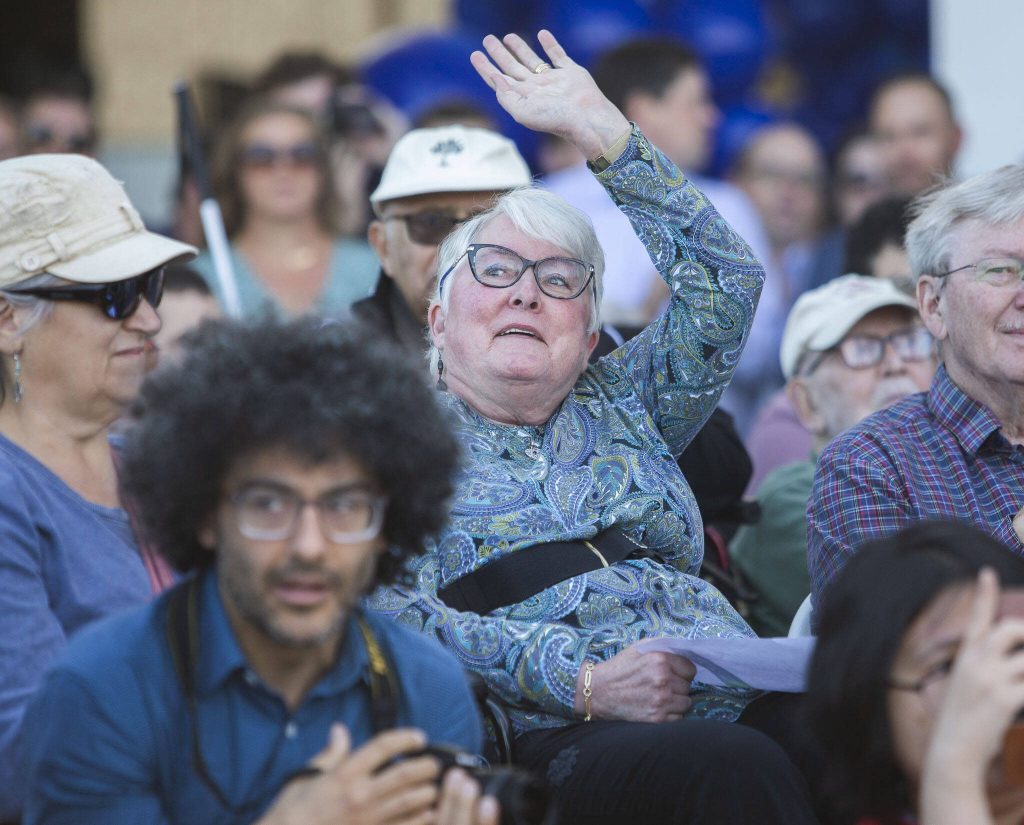 Joni Earl, former CEO and executive director of Sound Transit, waves to the crowd during the Lynnwood 1 Line extension opening celebrations on Friday, Aug. 30, 2024 in Lynnwood, Washington. (Olivia Vanni / The Herald)