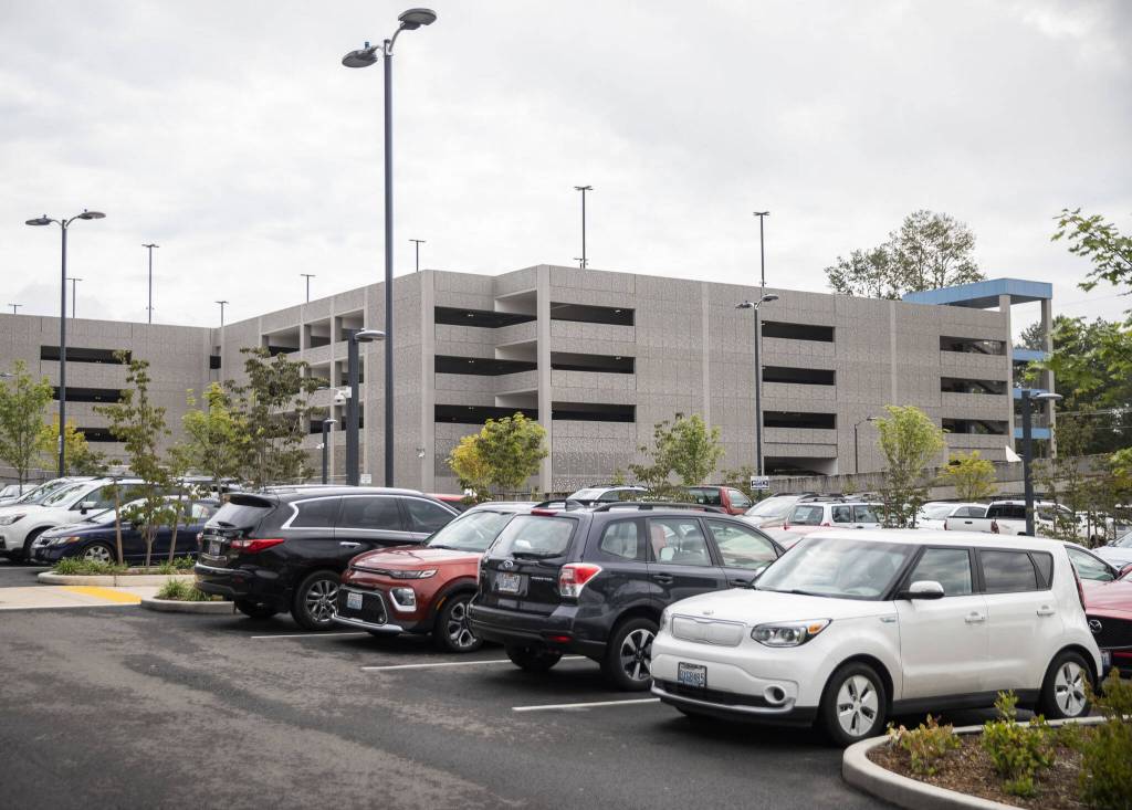 The Lynnwood City Center Station parking garage on Tuesday, Aug. 20, 2024 in Lynnwood, Washington. (Olivia Vanni / The Herald)