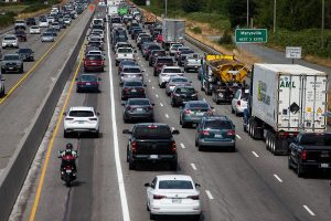 Traffic moves northbound in a new HOV lane on I-5 between Everett and Marysville on Monday, Aug. 19, 2024 in Everett, Washington. (Olivia Vanni / The Herald)