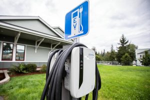 An EV charger in Granite Falls outside of Granite Falls City Hall on Thursday, Aug. 22, 2024 in Granite Falls, Washington. (Olivia Vanni / The Herald)
