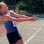 Donna Beard, 60, during the hammer throw competition at the Greyhounds Combined Events meet in Coquitlam, British Columbia, on Aug. 3, 2024. Beard competed in the Masters women throws pentathlon division and won by more than 1,300 points, setting a new U.S and world record and earning personal bests in the hammer throw, shot put and weight throw. (Photo courtesy of Chris Beard)
