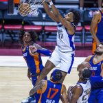 Sacramento Kings forward Isaac Jones (17), a former Washington State Cougar, dunks the ball as Phoenix Suns forward Jalen Bridges (15) looks up during the first half of an NBA Summer League game at the Thomas & Mack Center on Saturday, July 20, 2024, in Las Vegas. (L.E. Baskow/Las Vegas Review-Journal / Tribune News Services)