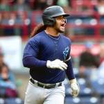 AquaSox catcher Freuddy Batista reacts while running down the first-base line during Everetts game against the Vancouver Canadians on Friday, Aug. 23, at Nat Bailey Stadium in Vancouver, B.C. (Photo courtesy of Evan Morud / Everett AquaSox)